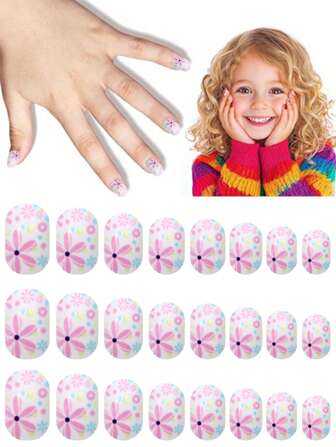 24 stuks kinderkunstnagels meisjes simulatie nagels volledige dekking korte acryl kunstnagel patches set geschikt voor kindermeisjes nagelkunst decoratie (paarse bloemen)