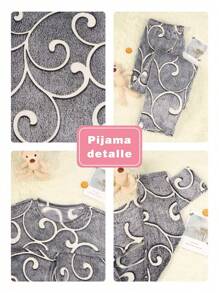 Conjunto de Pijama Polar Mujer, Pijamas de Térmico Luminoso Gruesa para Invierno con Estampado Fosforescente(Tops, pantalones y zapatos) - Gris - Ver 8