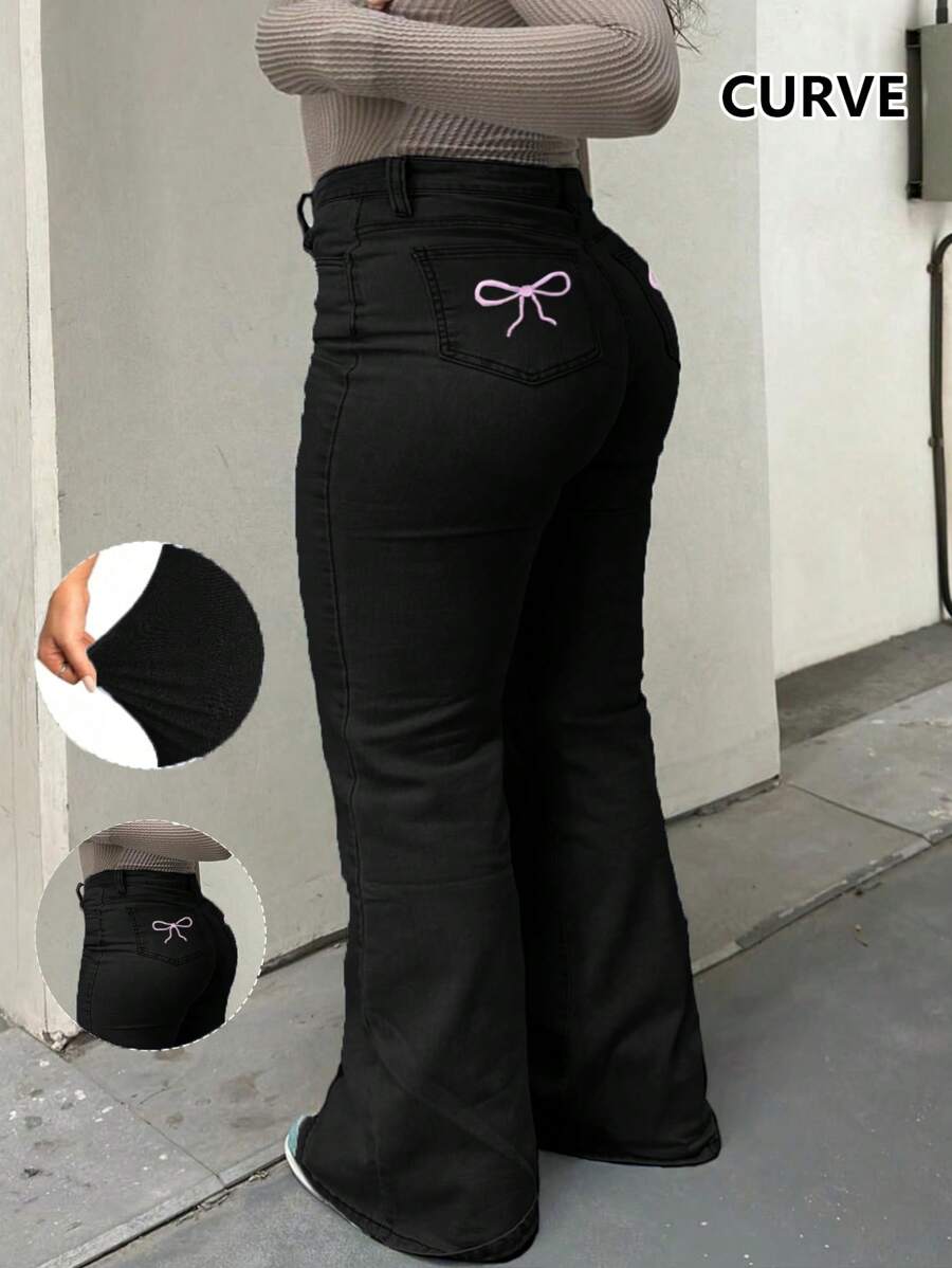 American Personalized Tight Y2K Pocket Bow Embroidery Plus Size Women's Jeans Flare Pants - 黑色 - 查看 1