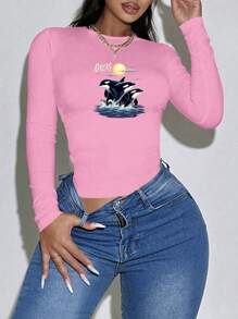 Three Orcas Leaping Out Of Water Women's Fashion Long Sleeve Shirt - 粉色 - 查看 1