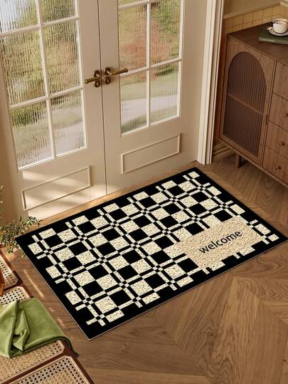 1 pieza Felpudo de bienvenida de PVC, felpudo de bienvenida de patrón de letras simples de alta resistencia, felpudo de entrada antideslizante para la puerta delantera, lavable, con corte libre, adecuado para la decoración de la entrada del hogar, apto para todas las estaciones Vuelta al colegio