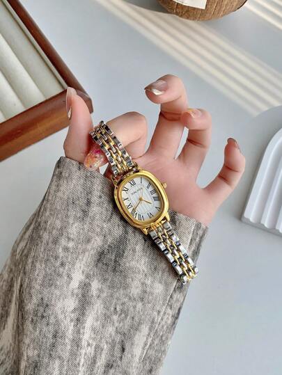 1 pièce Nouvelle montre de femme de style vintage, en or rond, élégante et gracieuse, à quartz, bracelet en acier inoxydable, design artistique unique, convient à un port quotidien et comme cadeau d'anniversaire