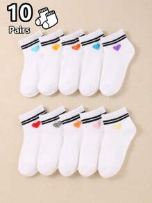 10 Pairs Kids Socks With Hearts & Double Stripes - White Base With Assorted Colors For Boys & Girls | Breathable Ankle Socks, Cute Children's Everyday Socks (Random Designs) - Multicolor - View 1