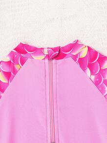 1pc Girls' Round Neck Long Sleeve Zipper Mermaid Scale Print Swimsuit - Hot Pink - View 4