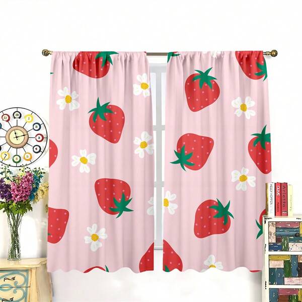 1 set/2 piezas Cortinas con diseño de frutas de fresa y flores estilo dibujos animados de color rosa para niñas, cortinas impresas con fresas adorables, decoración Kawaii para sala, dormitorio y cocina que bloquean la luz