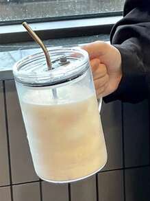 1pc 1000ml Transparent Glass Tumbler With Lid And Straw, High Borosilicate Glass, Universal High-Grade Anti-Leak Water Bottle With Handle, Large Capacity Straw Cup, Anti-Leak Mug For Office & Home Use