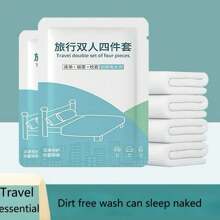 [Mais vendido de 2025] 1 conjunto de roupa de cama descartável para viagem | Roupa de cama leve e portátil para hotel | 1 lençol + 1 capa de edredom + 1 fronha + 1 capa para assento sanitário | Essencial para acampamentos ao ar livre e viagens de negócios | Embalagem individual antipoeira, esterilizada e espessa
