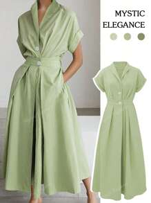 Women's Spring And Summer Thin Button Raglan Sleeve Waist A-Line Large Swing Collar Casual Vacation Elegant Solid Color Sundress Women's Long Dress