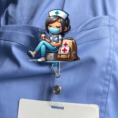 1pc Blue & White Nurse Theme Retractable ID Badge Reel, Durable Acrylic (PMMA) Material, Nurse, Doctor, Room Decor, Clothing Accessory, Elegant High-Quality, Office Work Accessory, Ideal Gift For Friends And Colleagues, Christmas, Halloween, New Year