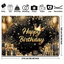1pc Elegant Black And Gold Birthday Party Backdrop Banner, Made Of Polyester, Available In Multiple Sizes. The Black And Gold Birthday Theme Is Suitable For Birthday Parties, Themed Parties, Anniversaries, Party Decorations, New Year's Decorations, And Party Photography Backdrops. A Universal Theme. - Multicolor - View 5