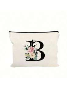 1pc Letter A-Z Flower Print Makeup Bag, Gift For Girls, Cute Retro Simple Fashion Letter Pattern Printed Bag Storage Bag,Cosmetic Pouch For Small Items Storage,Storage Bag, Makeup Storage Bag, Toiletry Bag, Clutch Bag, Lightweight Foldable Storage Bag, Simple Shopping Bag, Teacher Gift Clutch Bag,Storage For Nurses, Doctors, Teachers Bag, Suitable For Personal Travel Cosmetics Storage