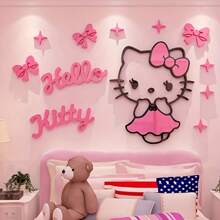 Sanrio 1PC Sanrio 3D Acrylic Wall Decal - Pink 3D Hello Kitty, Big Ear Dog Bedroom Decor, Anime Theme Wall Sticker For Room, Living Room, Bedroom Or Living Space, Cute Cartoon Design With Heart Shaped Embellishment, Hello Kitty Room Decor