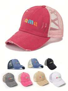1pc Women's MAMA Embroidery Distressed Ponytail Mesh Baseball Cap, Adjustable Outdoor Casual Hat For Sun Protection, Suitable For Spring Autumn Travel, Versatile, Y2K Style Sun Hat' - Baseball Cap - View 10