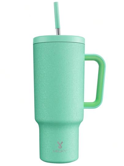 Meoky 1pc 40 Oz Tumbler With Handle And Straw, Tumbler With Lid And Straw, Insulated Cup, Vacuum Insulated Water Bottle, Insulated Stainless Steel Travel Mug, 100% Leak-Proof, Keeps Cold For 34 Hours Or Hot For 10 Hours