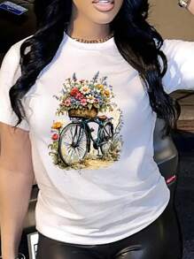 1 Stück Damen Kurzarm T-Shirt mit rundem Ausschnitt, Weiß, mit 3D Muster von Blumen und Fahrrad Motiv - Lässig Polyester Strickshirt mit regulärer Passform und geraden Ärmeln - für den Alltag - perfekt für Frühling & Sommer - ideales Geschenk für Frauen