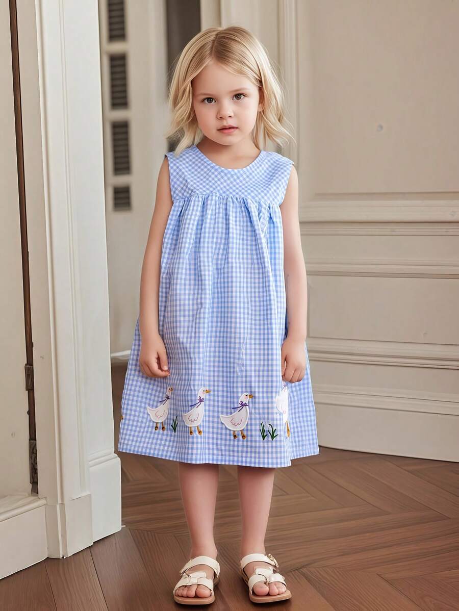 Vestido Xadrez Azul Claro Sem Mangas com Bordado Fofo de Pato para Meninas, Essencial de Verão