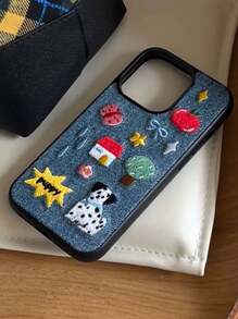 Funda de teléfono a prueba de caídas, a prueba de agua, a prueba de golpes y resistente a los arañazos, compatible con iPhone, con bordados creativos de lunares, casita de perro, estrella, lazo, letra y denim