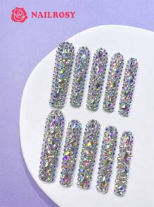 10pcs Handmade Press On Gift Box Included Luxury Silver AB Aurora Rhinestone Long Square Coffin Nails Full Bling Crystal Heavy Reusable Party Wedding False Nails Nailrosy - Bạc - Xem 2
