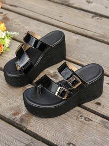 Women's Platform Wedge Sandals, Black PU Patent Leather, Buckle Closure, Fashion Versatile Outdoor Slide Slippers