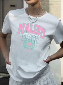 Casual Sports Letter Print Graphic Regular Fit Round Neck Short Sleeve Women T-Shirt, Suitable For Summer