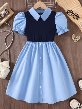 8-12 Years Girls Blue & Black Patchwork Dress,Peter Pan Collar Puffy Sleeve Button Decor Dress,Party & Casual Essential,Academic Style