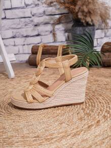 Women's Woven Wedge Sandals, Simple Elastic Band High Heel Shoes, Vacation Style Thick Bottom Sandals - Yellow - View 7
