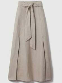 女士休闲夏季开衩下摆半身裙，纯色，轻盈透气 - 杏色 - 查看 5