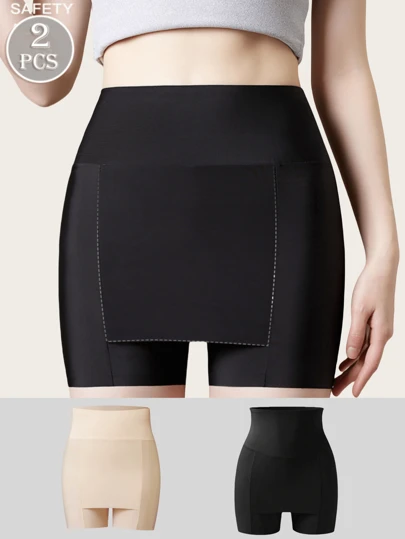 2 Pcs Women Solid High Waist Shortie, Safety Shorts,Mid Rise Seamless Safety Shorts Briefs For Women,Boyshorts Soft Safety Panties Under The Skirts Casual-Comfy Underwear Anti-Lighting No Rolling Bottoming Shorts Lingerie