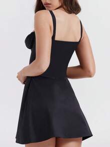 WOWDARK Women Summer Solid Color Tie Strap Slip Dress - Black - View 5