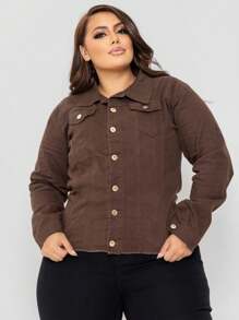 Plus Size Denim Jacket With Lycra And Buttons, Blouson Model - 鏽棕色 - 查看 4