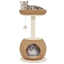 YISHEN Yaheetech 54in Rattan Cat Tree Tower With Luxury Woven Condo, Clear Bowl, Washable Cushions, And Scratching Posts, Cat Furniture For Indoor Cats 324809