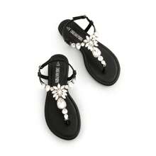 Flat Sandals For Women Dressy Rhinestone T-Strap Thong Flat Sandals For Summers Dress Beach - Black - View 7