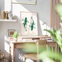 1 pieza Cuadro de pared de arte japonés con ilustración tradicional de carpa koi verde vintage, pintura en lienzo con ilustración de pez, póster de decoración zen para dormitorio, sala de estar o apartamento, decoración de regalo para ella sin marco