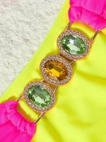 Women's Vacation Beach Contrast Color Patchwork Rhinestone Decor Bikini Set, Summer