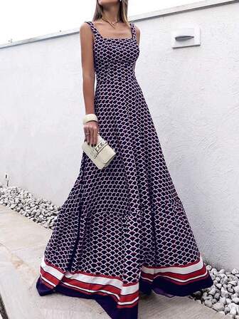 2026春季新款休闲优雅度假女士长裙：藏蓝色鱼鳞印花，吊带方领A字廓形，适合度假/轻度晚宴/聚会