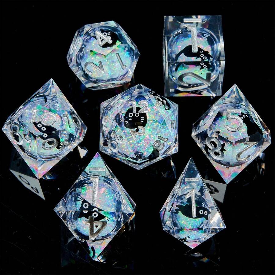 7pcs/Set Handmade Resin Dice With Cute Cat Stickers Theme, Sharply Edged Multi-Sided Dice With Colorful Glitter Theme, Suitable For D&D Role-Playing Games - Clear - View 1