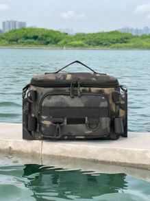 1 pièce Sac à appâts de pêche multi-compartiments imperméable avec motifs camouflage et géométriques - Couleurs unies, fermeture éclair, sangle d'épaule. Idéal pour le rangement du matériel de randonnée, de camping et de pêche en extérieur