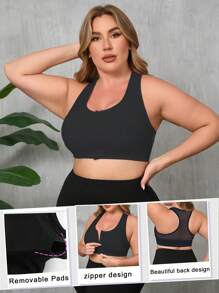 1 Stück schwarze Vorderverschluss nahtlose Cut Out Sport Lingerie BH, Breite Träger Frauen Große Größen Drahtloser Lingerie BH