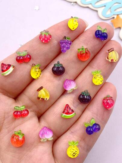 30pcs Resin Mixed Colorful Glitter Mini 3D Peach Grape Cherry Persimmon Tomato Banana Watermelon Pineapple Fruit Art Flat Back Rhinestone Applique DIY Jewelry Accessories Decor Crafts Summer, School