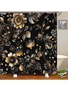 1 Peça/4 Peças Conjunto de Cortina de Chuveiro Floral Colorida com Tapete Antiderrapante, Tampa, Tapete de Banho e 12 Ganchos de Plástico - Lavável na Máquina, Decoração de Banheiro à Prova d'Água em Poliéster com Ilhós no Top - Conjunto de Acessórios de Banho com Tema Natural para Todas as Estações Volta às Aulas