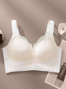 女士提拉收褶蕾丝边全罩杯文胸，薄罩杯，可调节，白色