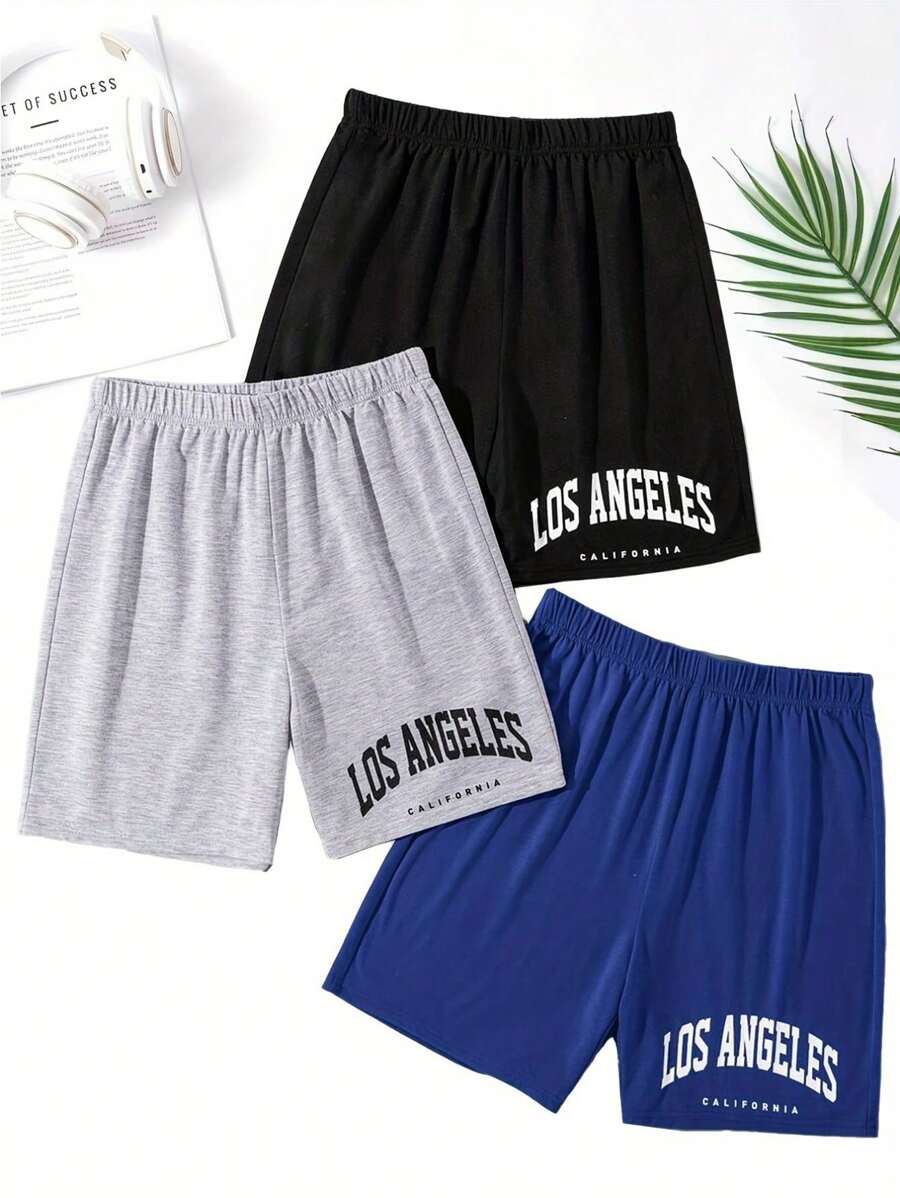 3pcs Men's Basic Polyester Stretchy Fabric Shorts, Letter Print, Suitable For Home/Sleepwear, All Season