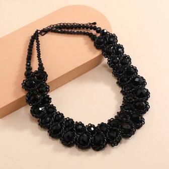 1pc Electroplated Black Aluminum Chain & Crystal Classic Elegant Bib Necklace For Women, Versatile For Formal Event, Party, Holiday Outfit, Great Gift