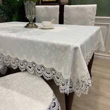1 Pc White Embroidered Lace Trim Jacquard Tablecloth, Elegant Romantic Polyester Rectangle/Square Dust & Heat Resistant Table Cover, Suitable For Dining Table, Coffee Table, Nightstand, Wedding & Party Decoration - White - View 13
