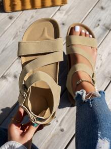 WRCVS Beige Women's Sandals, Flat Summer Sandals For Women With Leather Strap Decor, Soft Cork Sole, Non-Slip, Beach Shoes, Bohemian Style