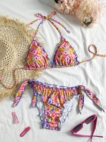 Women's Cute Floral Lace Ruffle Bikini 2 Pieces Set, Suitable For Summer Island Vacation Swimming - Multicolor - View 1