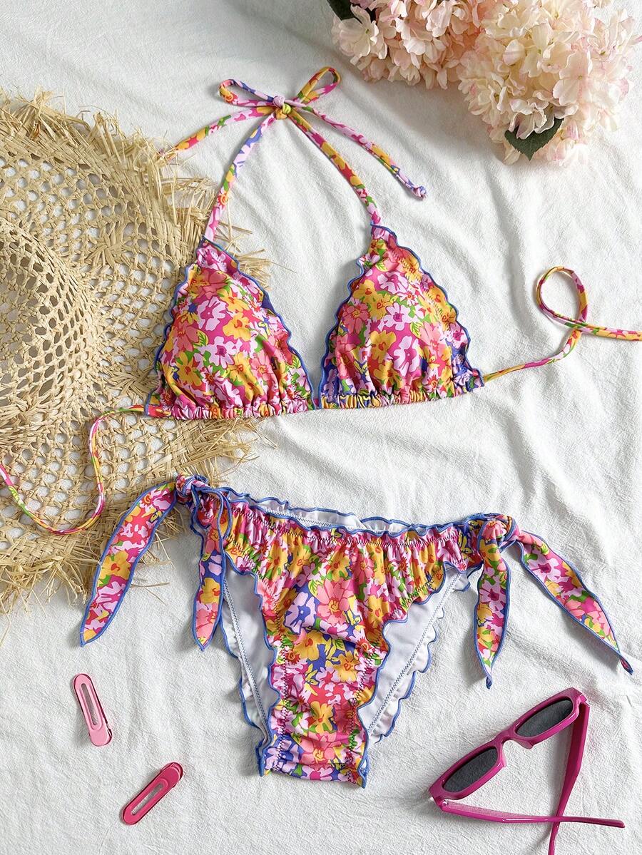 Women's Cute Floral Lace Ruffle Bikini 2 Pieces Set, Suitable For Summer Island Vacation Swimming - Multicolor - View 1