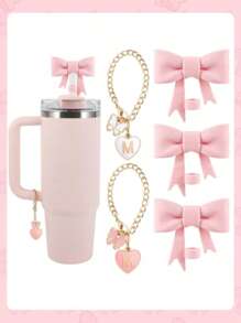 2pcs/Set: 1pc Silicone Bow Straw Topper & 1pc Letter Heart Bow Cup Tag, Fit For 40oz Cup, 10mm Straw Diameter, With Handle Glass Cup, Cute Pink Butterfly Decoration, Back To School Supplies