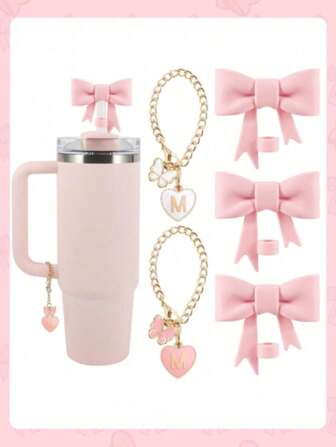 Set de 2 piezas: 1 pieza Tapa con pajita de lazo de silicona y 1 pieza Etiqueta con corazón en forma de lazo para taza, apto para taza de 40oz, diámetro de pajita de 10mm, con taza de vidrio con asa, decoración de mariposa rosa linda, útiles escolares