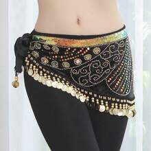 1pc Velvet Coin Belly Dance Skirt Belt, Semi-Circle Sequins Skirt, Gold Coin Fashionable Dance Waist Accessory, Dance Supplies - Multicolor - View 7